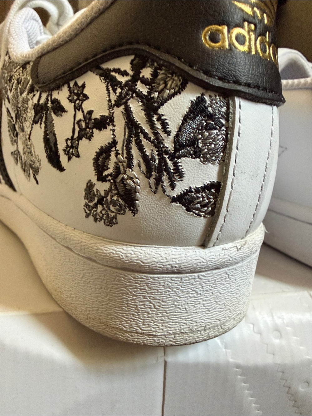 adidas White Leather Sneakers with Black Stripes & Floral Detail - Picture 6 of 12